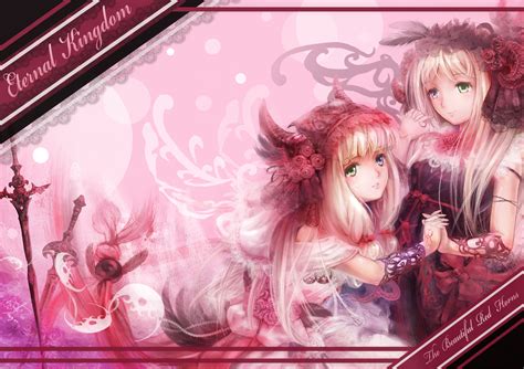 2girls Bicolored Eyes Blonde Hair Dress Feathers Flowers Headdress Horns Long Hair Miyai Haruki