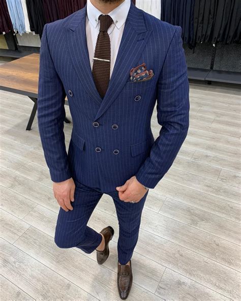 Buy Navy Blue Slim Fit Double Breasted Pinstripe Suit By Gentwith