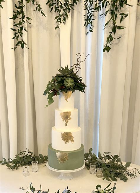 To give you an idea, i've rounded up thirty sage wedding ideas including bouquets, bridesmaid dresses, boutonnieres, hair accessories, a garter, jewelry, wedding cake toppers, and more. Sage green, white and gold leaf wedding cake with succulents | Wedding cakes, Elegant ...