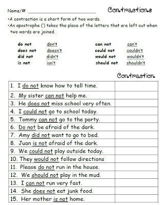 Smiling and Shining in Second Grade: Contractions Worksheet | Lil