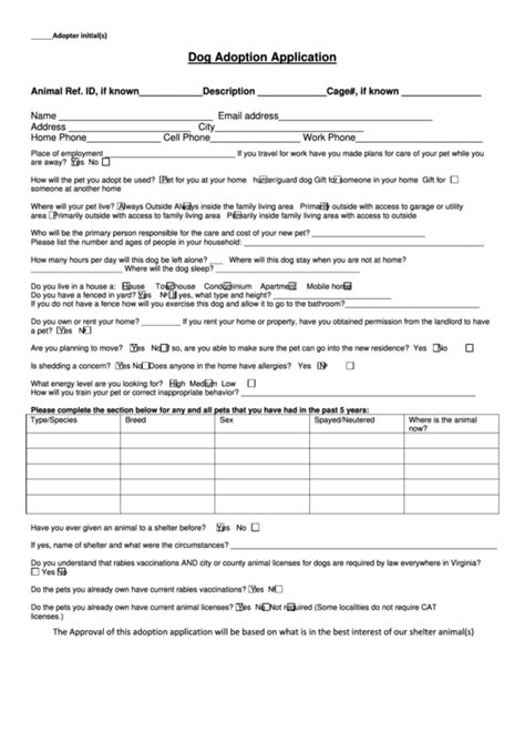 Animal seizure & care sample online application. Dog Adoption Application Form printable pdf download