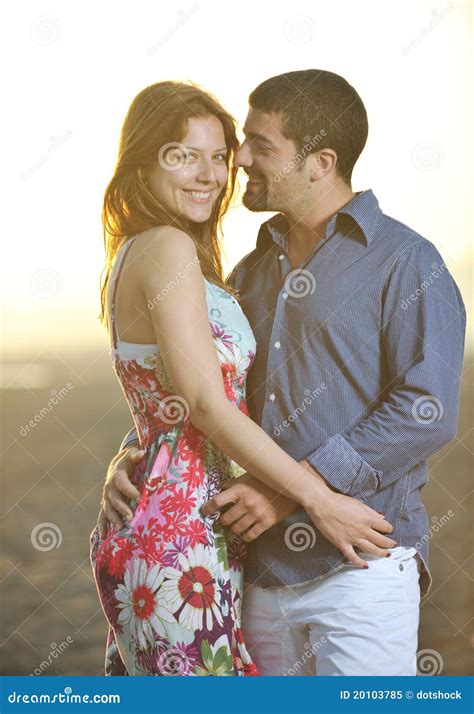 Happy Young Couple Have Romantic Time On Beach Stock Image Image Of