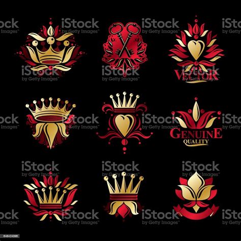 Royal Symbols Flowers Floral And Crowns Emblems Set Heraldic Vector