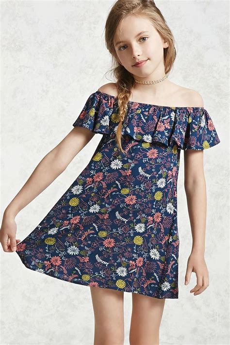 Forever 21 Girls A Woven Dress Featuring An Allover Crinkled Floral Print A Ruffle Layer And