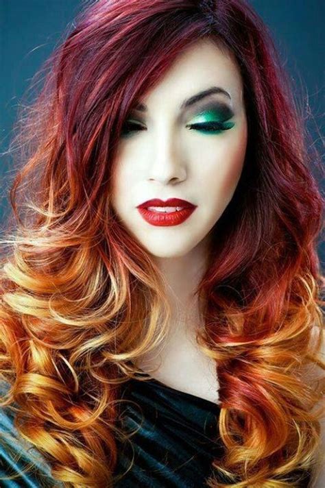 Fire Red And Gold Ombre Curls Hair Color Red Ombre Hair Halloween Hair Hair Beauty