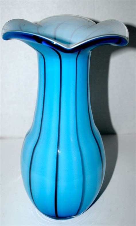 Murano Cased Glass Vase Blue Glass Vase Aqua Striped Vase