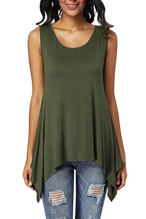Womens Scoop Neck Unbalanced Loose Fit Sleeveless Tunic Top With