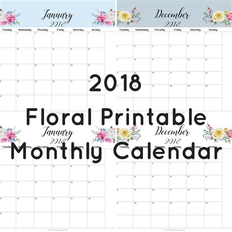 2018 Floral Printable Monthly Calendar True Bliss Designs