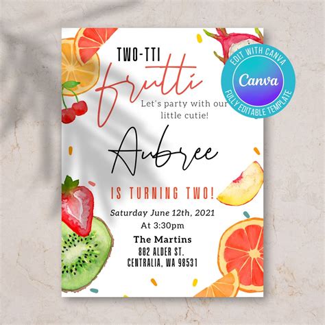 Digital Two Tti Frutti Birthday Invite Fruit Invite Fruity Invite
