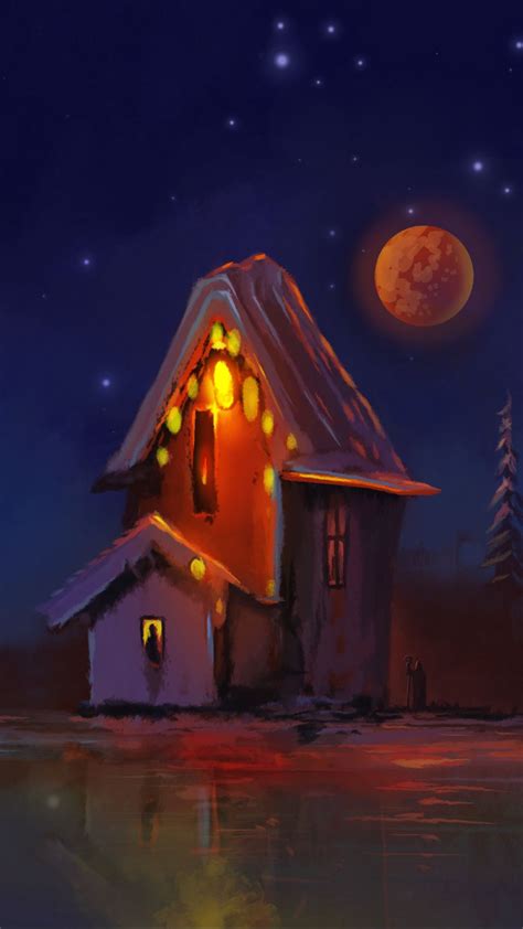 Fantasy Hut Night Moon Stars Art