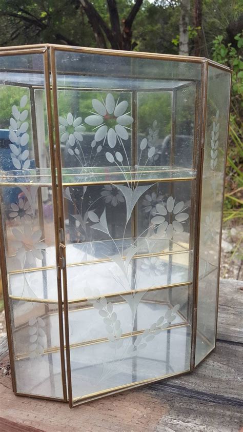 Vintage Glass Display Cabinet Etched Glass Shelf Jewelry Box Mirror Curio Cabinet Glass