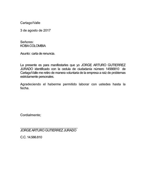 Carta De Renuncia Voluntaria Colombia Soalan Bs