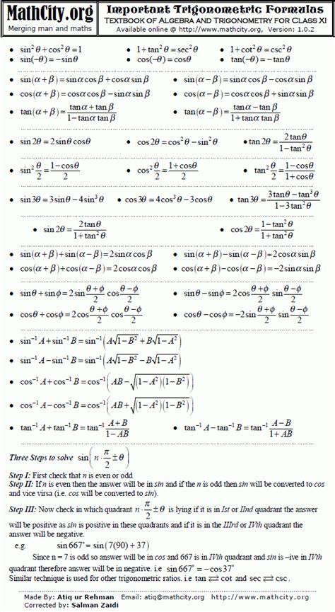 Trigonometry Formulas And Examples Pdf