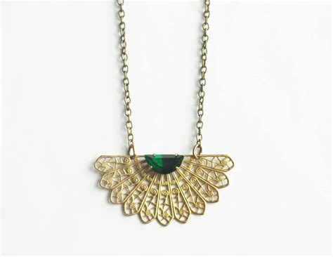 Art Deco Emerald Necklace Crystal Vintage Jewel Brass Filigree