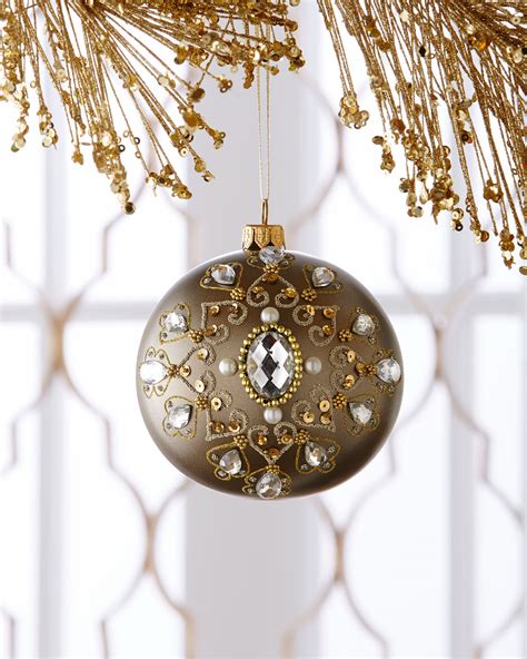 Embellished Antiqued Gold Metallic Christmas Ball Ornament