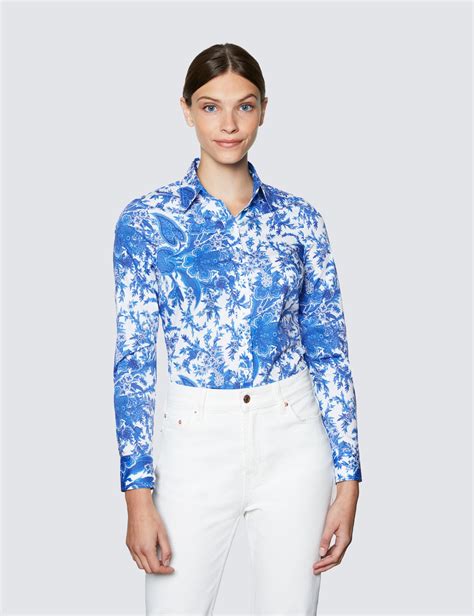 Cotton Stretch Women S Semi Fitted Shirt With Floral Print In Blue And White Hawes And Curtis