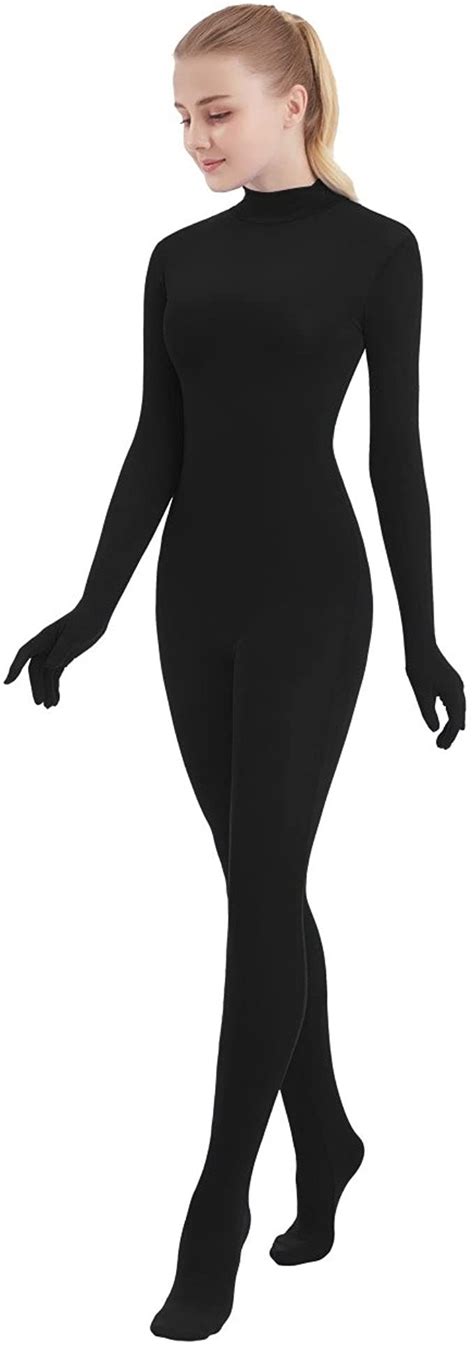 suprnowa full body unitard turtleneck spandex footed footless long sleeve unisex in 2023 black
