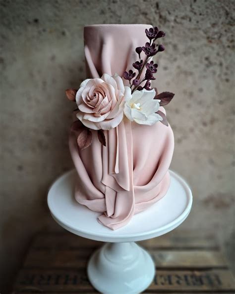 Elegance Dusky Drape Cake With Sugar Flowers Bohemian Wedding Cake