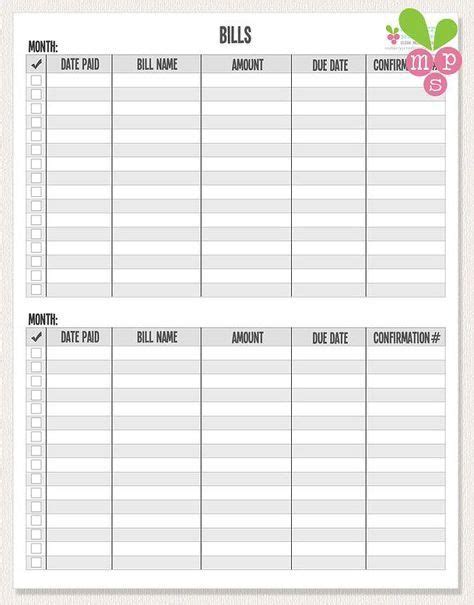 printable monthly bill chart organizing monthly bills