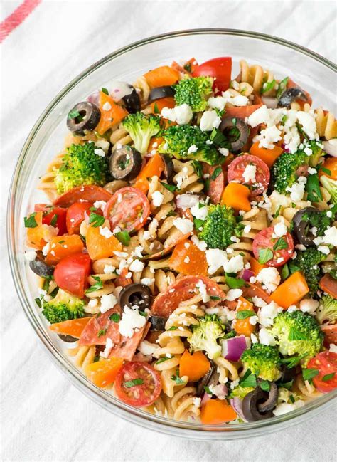 Instead of mayo, we've loaded up these easy pasta salads with healthy ingredients like homemade pesto, broccoli, arugula, tuna, shrimp, crumbled feta cheese, and more. Healthy Pepperoni Pasta Salad