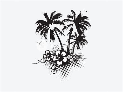 Vector Palm Trees With Hibiscus Flowers And Swirl Elements Royalty Free