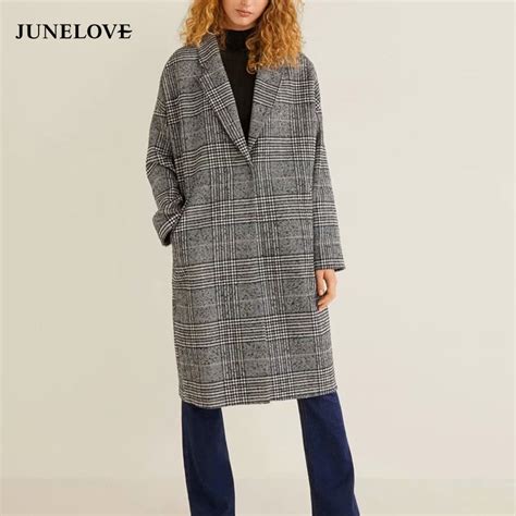 Junelove Women Autumn Loose Wool Blends Vintage Plaid Female Long Coats