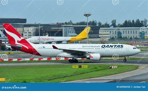 Qantas Airbus A330 Widebody Jet Taxiing At Changi Airport Editorial