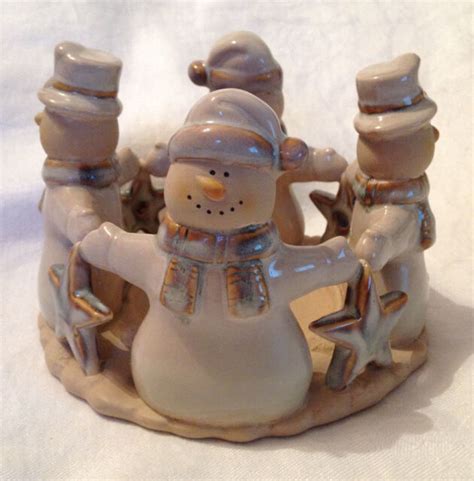 Jc Penney Ceramic Snowmen And Stars Pillar Candle Holder Ebay