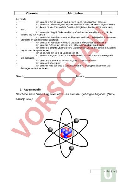 Arbeitsblatt Test Atomlehre Chemie Atome