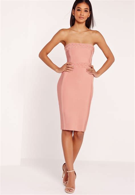 Missguided Premium Eyelet Detail Bandeau Midi Dress Pink Pink Midi Dress Best Evening