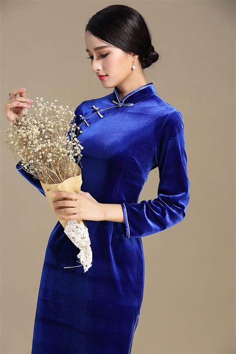 Elegant Blue Velvet Chinese Cheongsam Qipao Dress Qipao Cheongsam Dresses Women