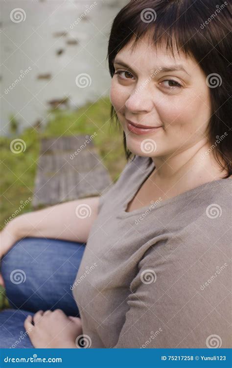 Beauty Mature Brunette Woman In Park Smiling Close Up Autumn Park Thinking Stock Photo Image