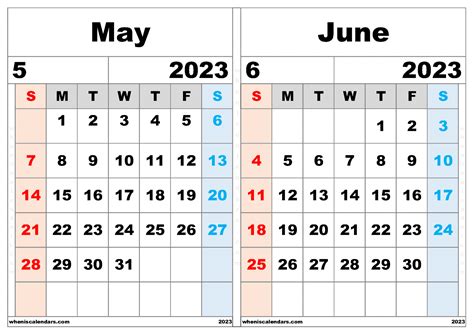 Free May And June 2023 Calendar Printable Pdf In Landscape Two Month