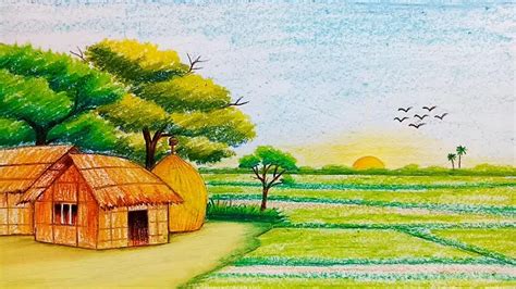 Easy to draw scenery for kids,i have used oil pastels for the trees.and pencil colours for the. Pencil Drawing Of Natural Scenery Sunrise - scenery