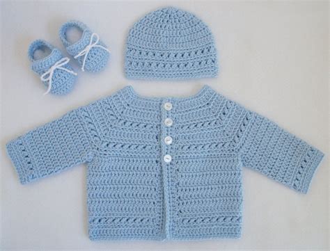 Crocheted Baby Boy Sweaterhatbooties Set In Pale Blue 0m 3m