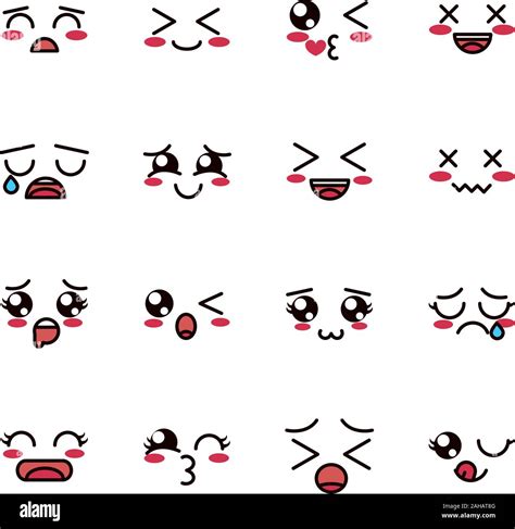Kawaii Cute Face Expressions Eyes And Mouth Icons Set Vector Illustration Stock Vector Image