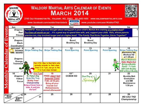 2014 March Calendar Of Events Waldorf Martial Arts