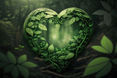 Green Heart Shapes With Leaf On Green Forest Background Generative Ai