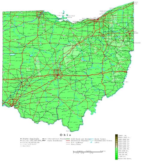 Large Detailed Elevation Map Of Ohio State With Roads Highways And