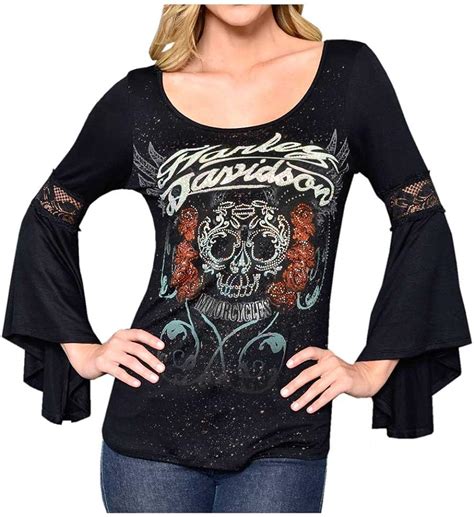 Amazon Com Harley Davidson Women S Embellished Rose Skull Long Sleeve