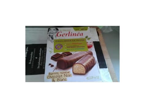 379 kcal, proteines 24 g, glucides 47 g, lipides 11 g Gerlinéa Barre de chocolat blanc et noir gateau Alençon 61000