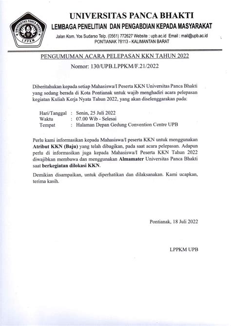 Pengumuman Pelepasan KKN Tahun 2022 | UNIVERSITAS PANCA BHAKTI