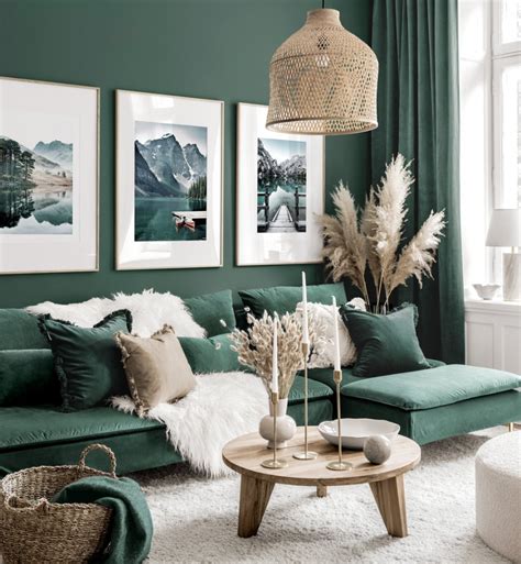 Stunning Gallery Wall Green Living Room Nature Posters Oak Frames In