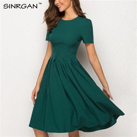 sinrgan casual women summer vintage a line dress green short sleeve o neck knee length party