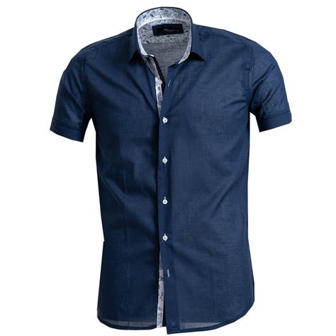 Solid Navy Blue Mens Short Sleeve Button Up Shirts Tailored Slim Fit