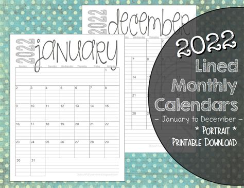 2022 Lined Monthly Calendars Portrait 85x11 Jan Dec Etsy July August