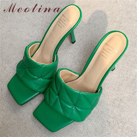 Meotina Women Shoes Genuine Leather Slippers Square Toe Super High Heel Sandals Thin Heels