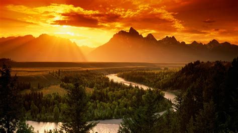 Landscape Nature Orange Sunset Sun Rays River Pine Trees Trees Forest Mountain