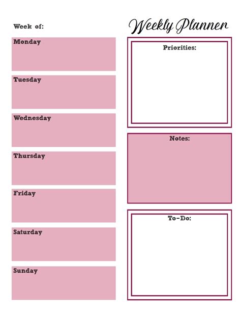 Printable Monday To Sunday Weekly Planner Template Calendar Design