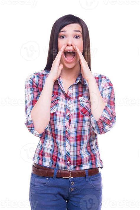 Sharing News With You Surprised Young Woman Shouting While Holding